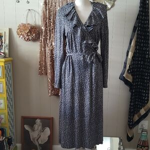 Vintage Diane Von Furstenberg Navy Floral Long Sleeve Wrap Dress Circa 1970's